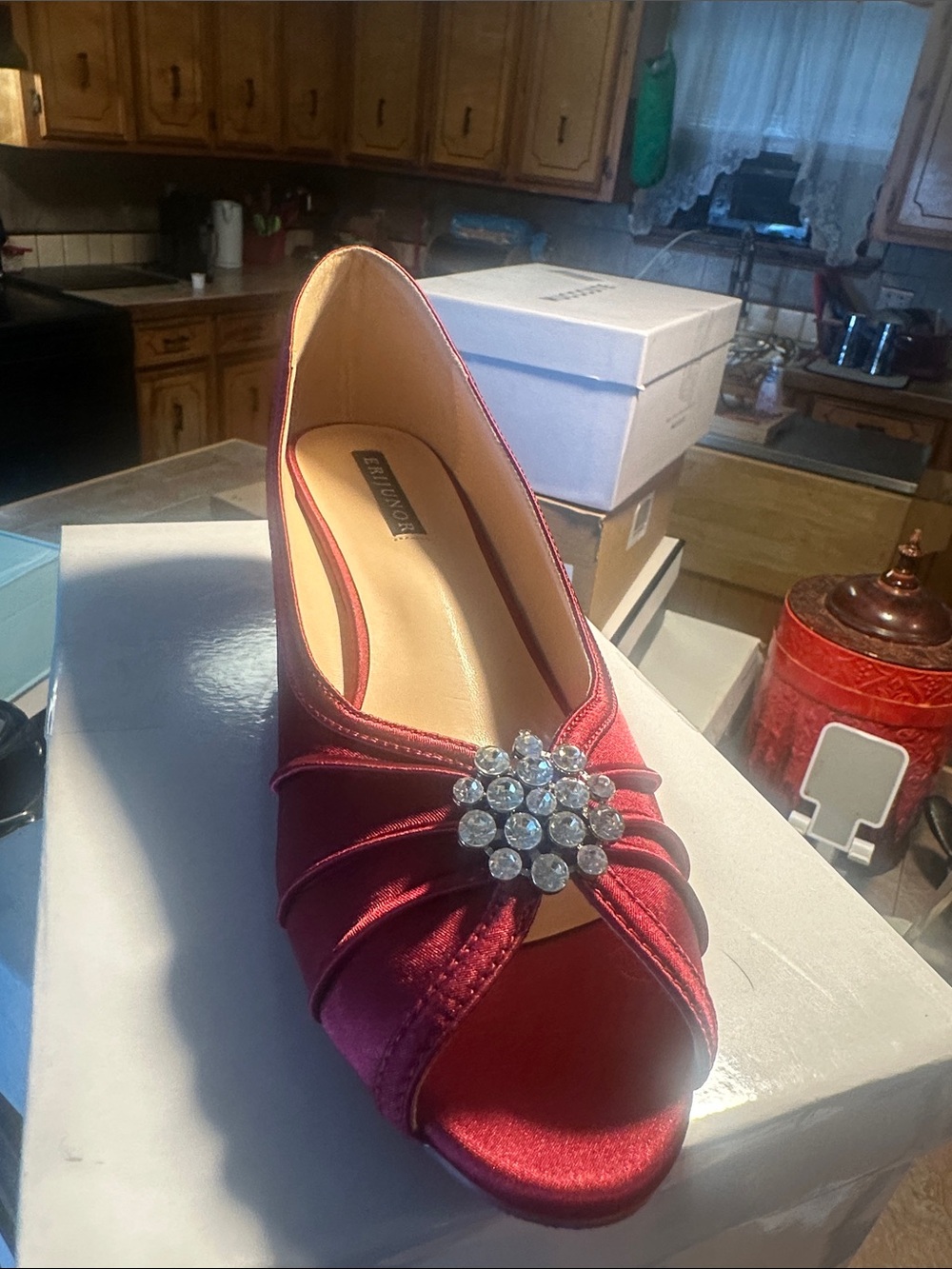 Enzo Angiolini Burgundy Satin Peep-Toe Heel with Crystal Cluster